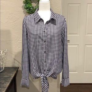 Alex Marie tie front navy and white blouse.